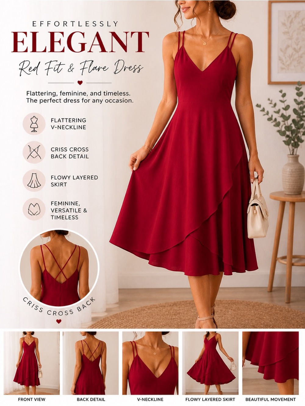 Women’s Romantic Elegant Red Midi Fit & Flare Dress with Criss-Cross Back XL